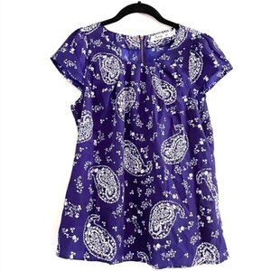 Sunny Girl Blouse M Paisley Floral Royal Blue White Cap Sleeve Lightweight Shirt